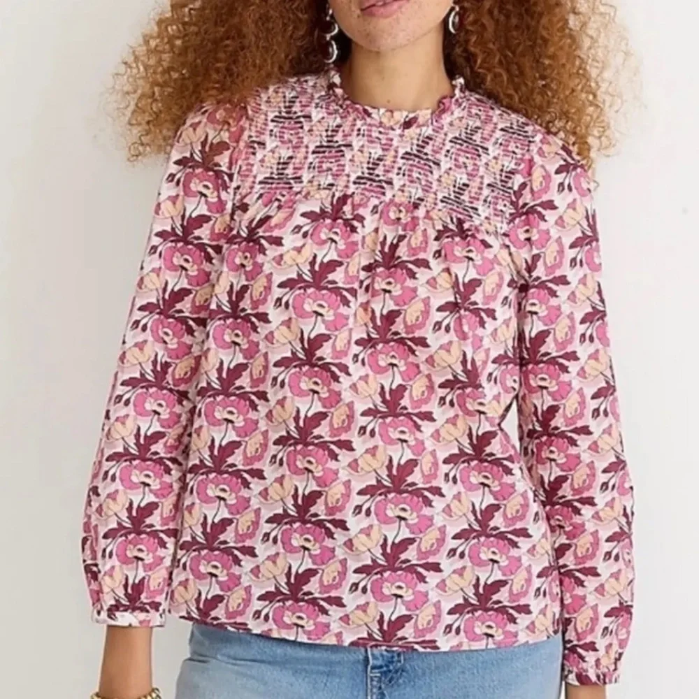 J.Crew Liberty London Smocked Button-Back Butterfield Poppy Print Cotton Top